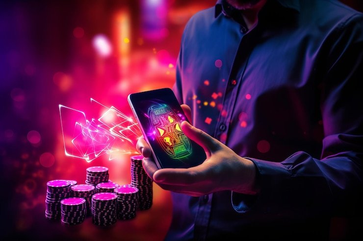 Pengguna mengakses magnum88 melalui ponsel di tengah suasana perkotaan malam hari